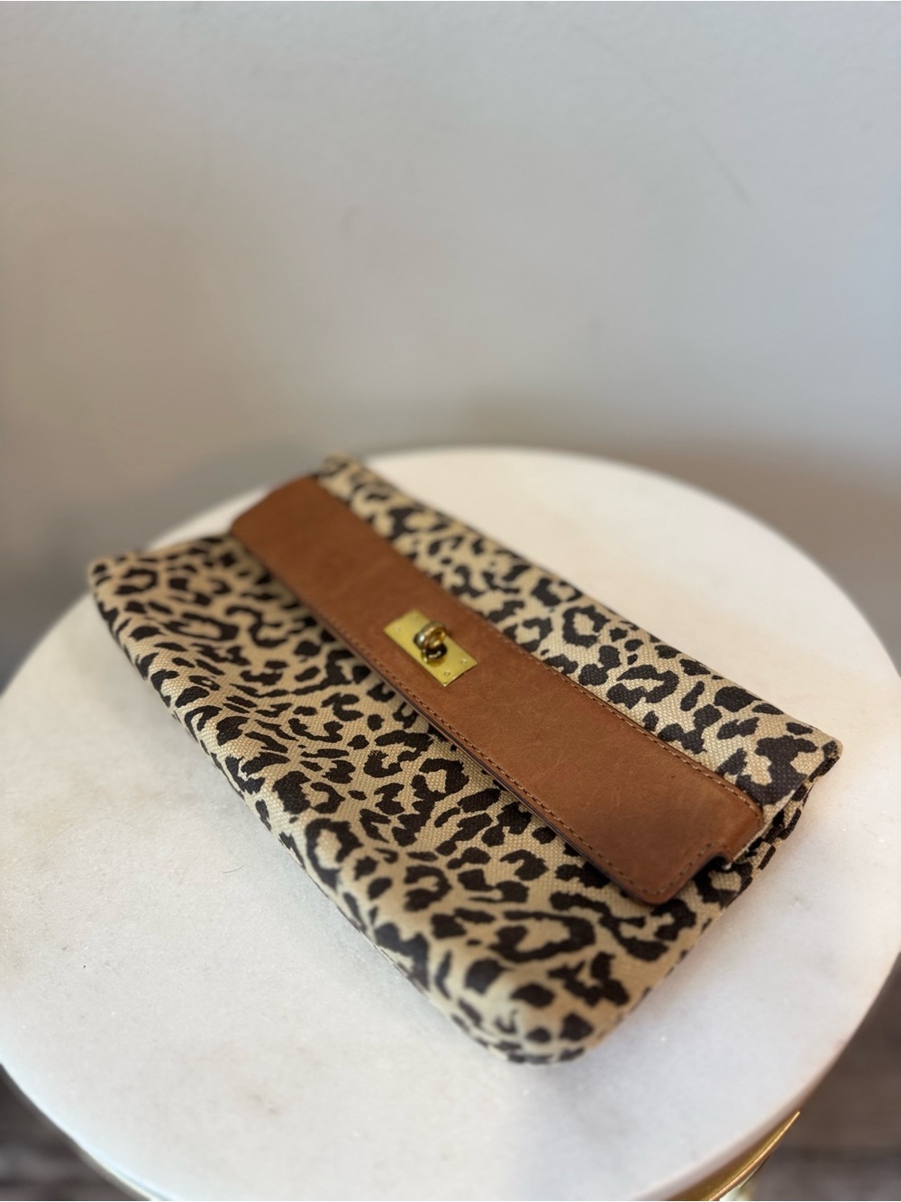 J. Crew Leopard Print Canvas Clutch with Brown Trim and Gold Hardware - Picture 2 of 10